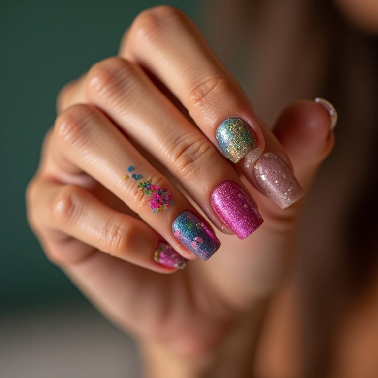 Unhas decoradas com glitter em pó coloridas e vibrantes.