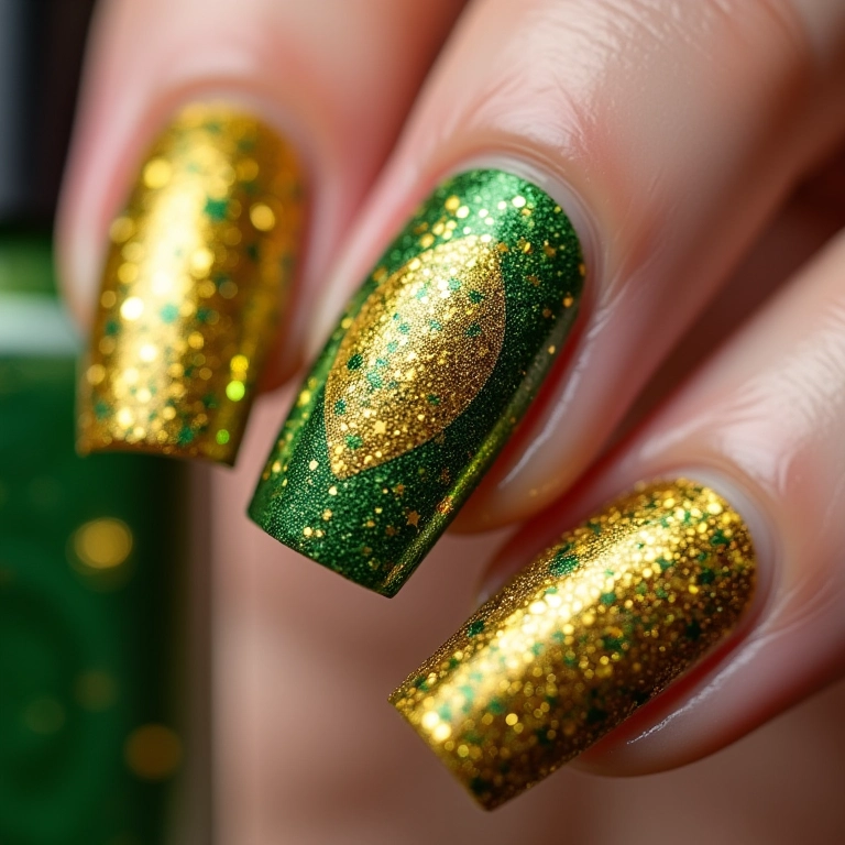 Unhas decoradas com glitter nas cores do Brasil.