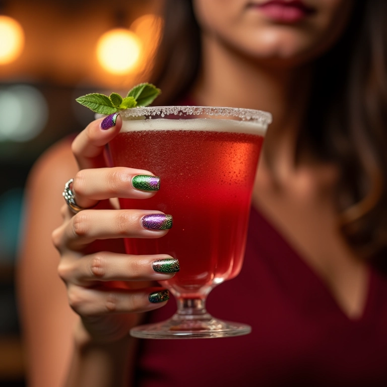 Unhas decoradas com glitter para o Carnaval, segurando um drink.