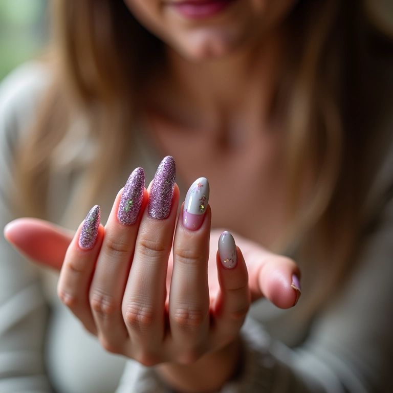 Unhas decoradas com glitter para um visual brilhante.