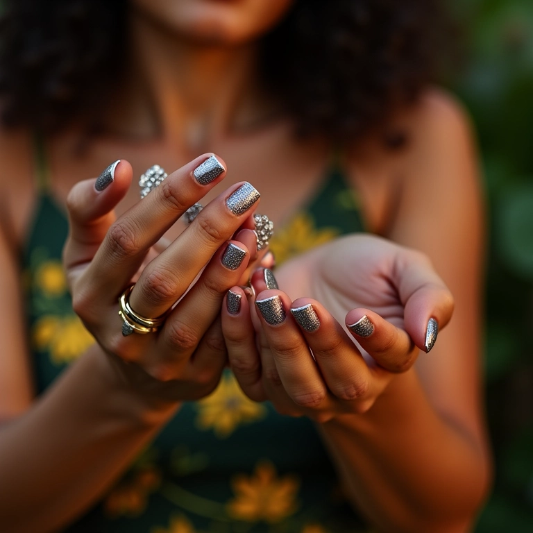 Unhas decoradas com glitter reluzente, adicionando glamour e brilho ao visual.
