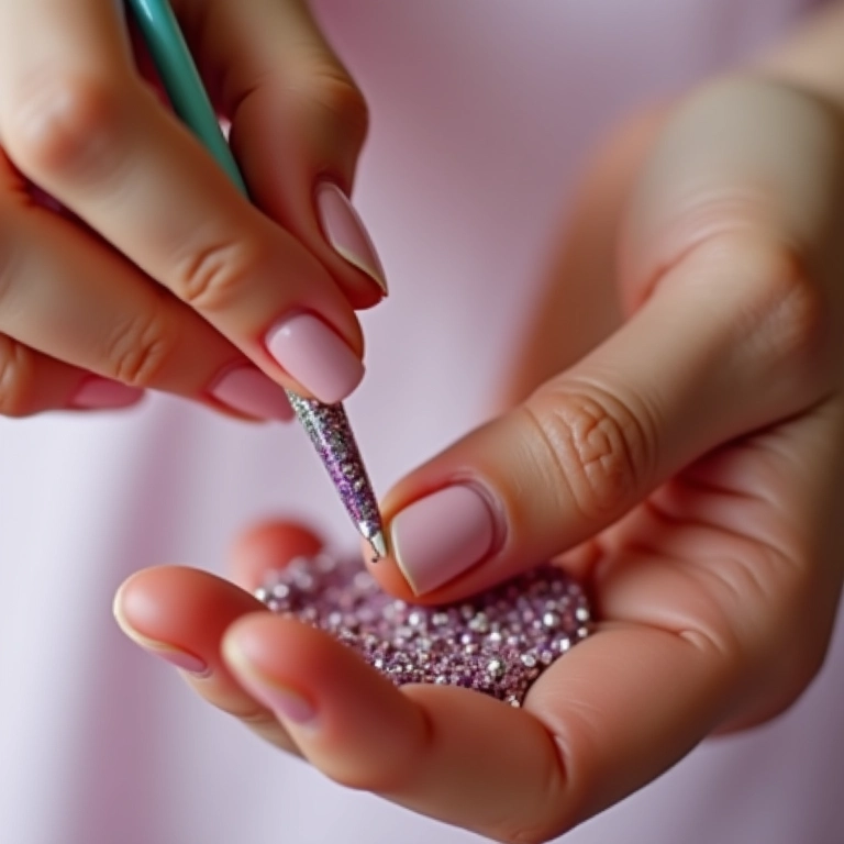 Unhas decoradas com glitter suave para um toque mágico e delicado.