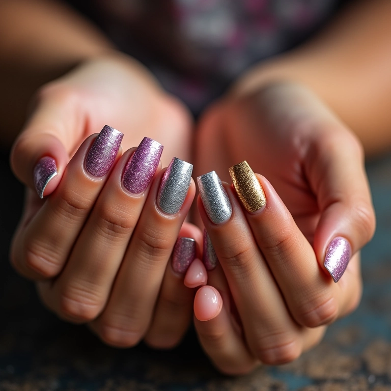 Unhas decoradas com glitter.