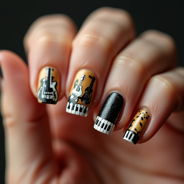 Unhas decoradas com instrumentos musicais em miniatura.