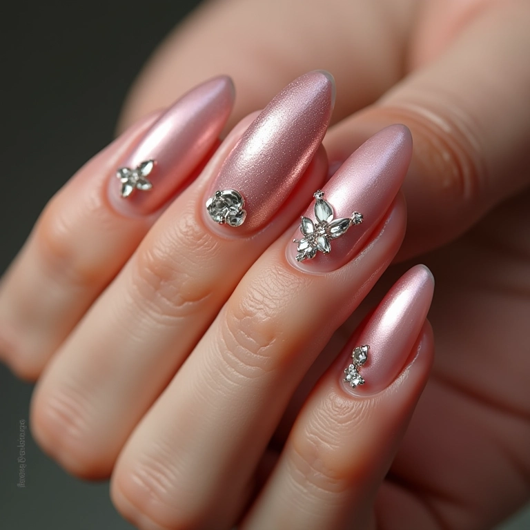 Unhas decoradas com joias e pedrarias delicadas.