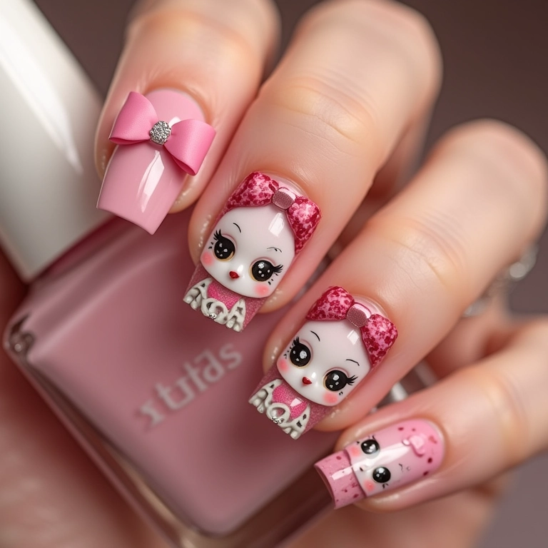 Unhas decoradas com lacinhos e bonequinhas.