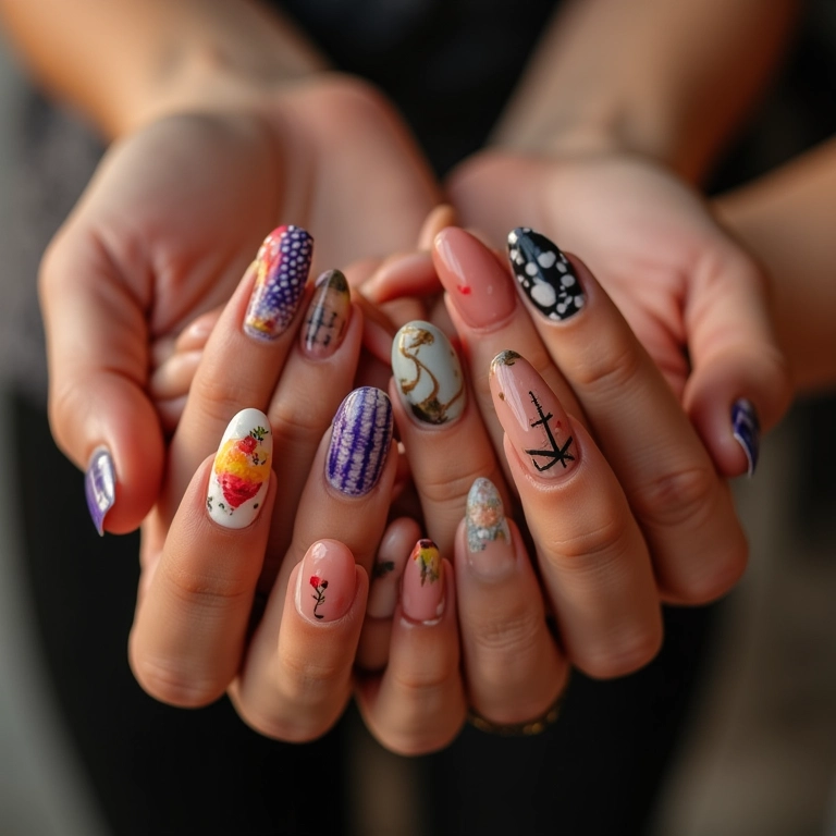 Unhas decoradas com letras e design vibrante em mãos diversas.