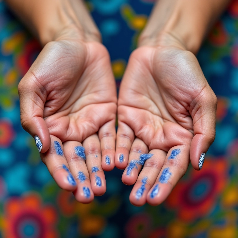 Unhas decoradas com listras em azul e branco.