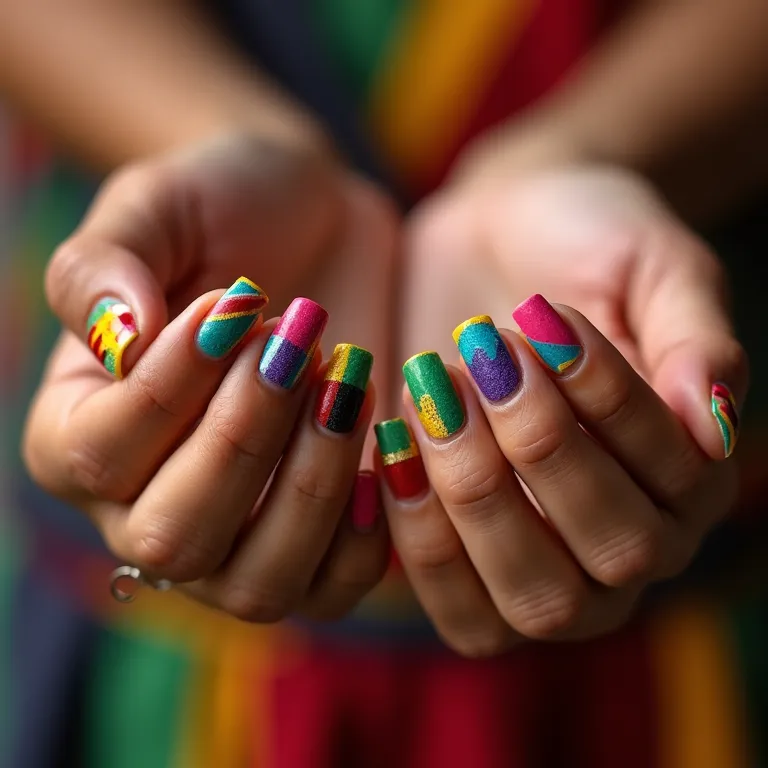 Unhas decoradas com mini bandeirinhas juninas coloridas.