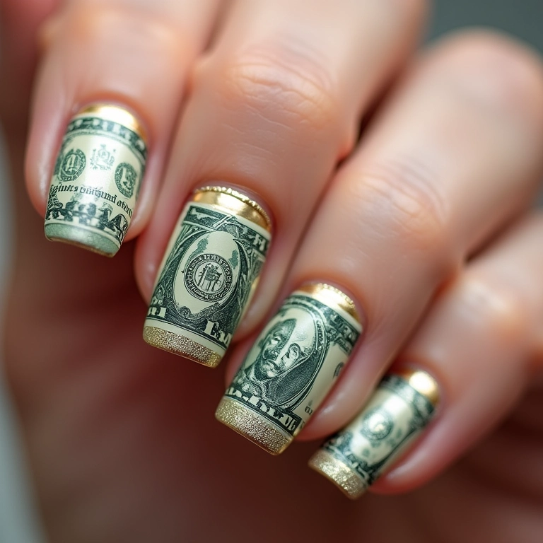 Unhas decoradas com notas de dólar e detalhes em dourado.