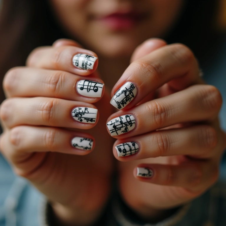 Unhas decoradas com notas musicais em mãos femininas diversas.