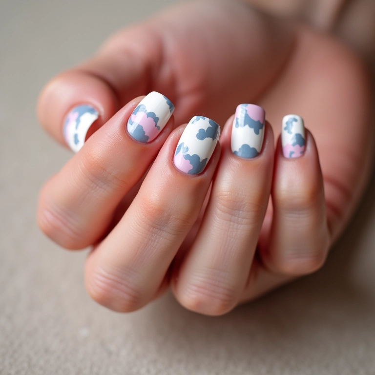Unhas decoradas com nuvens, leveza e delicadeza.