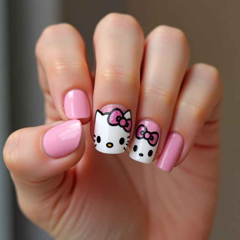 Unhas decoradas com o laço da Hello Kitty, design delicado.