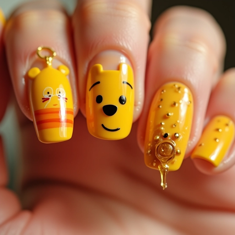 Unhas decoradas com o pote de mel do Ursinho Pooh.