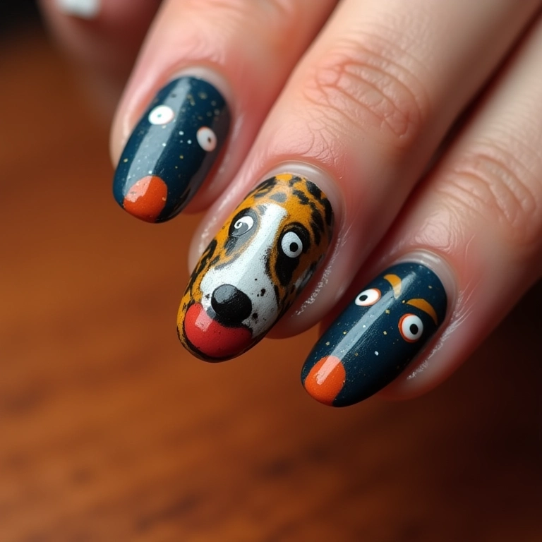 Unhas decoradas com o rosto da Galinha Pintadinha, design divertido.