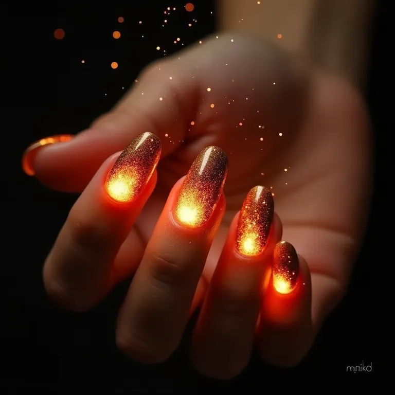Unhas decoradas com o tema de fogueira junina.