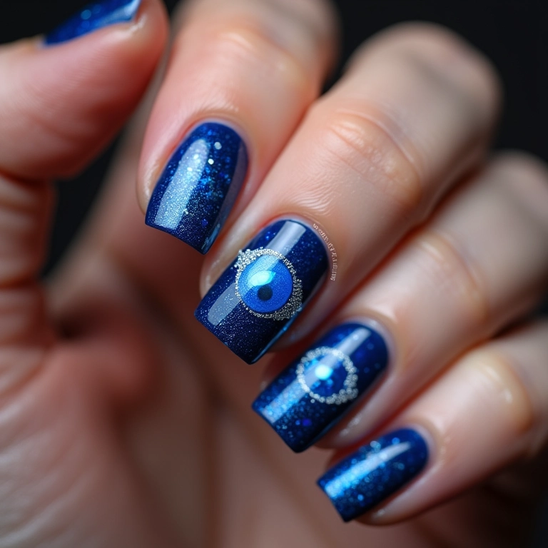 Unhas decoradas com olho grego azul e glitter brilhante.
