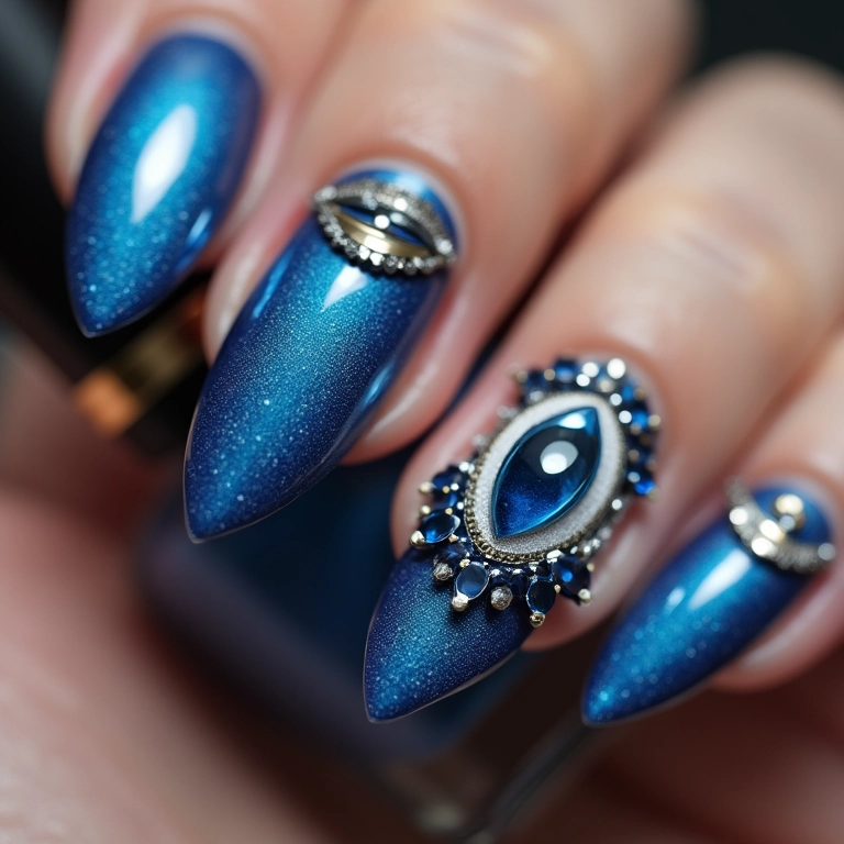 Unhas decoradas com olho grego azul e pedrarias brilhantes.