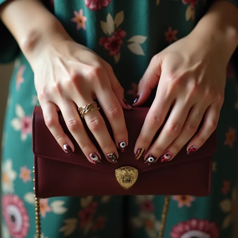 Unhas decoradas com olho grego combinando com looks.