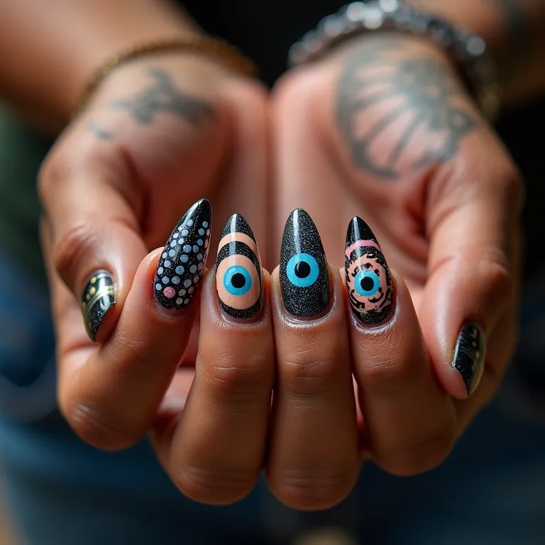 Unhas decoradas com olho grego em diferentes tons e estilos.