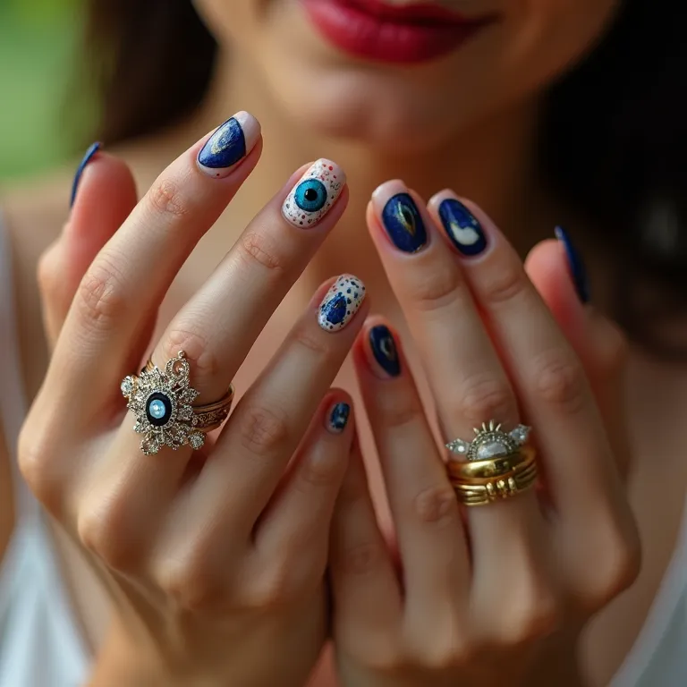 Unhas decoradas com olho grego: versatilidade e estilo em detalhes.