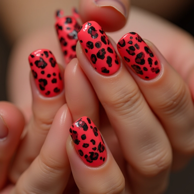 Unhas decoradas com oncinha vermelha, design ousado e moderno.