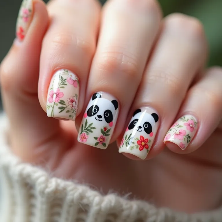 Unhas decoradas com panda e flores, combinação delicada e charmosa.