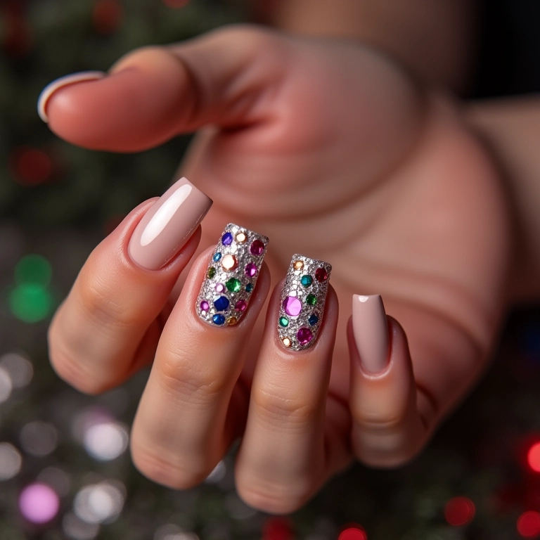Unhas decoradas com pedrarias coloridas para festa.