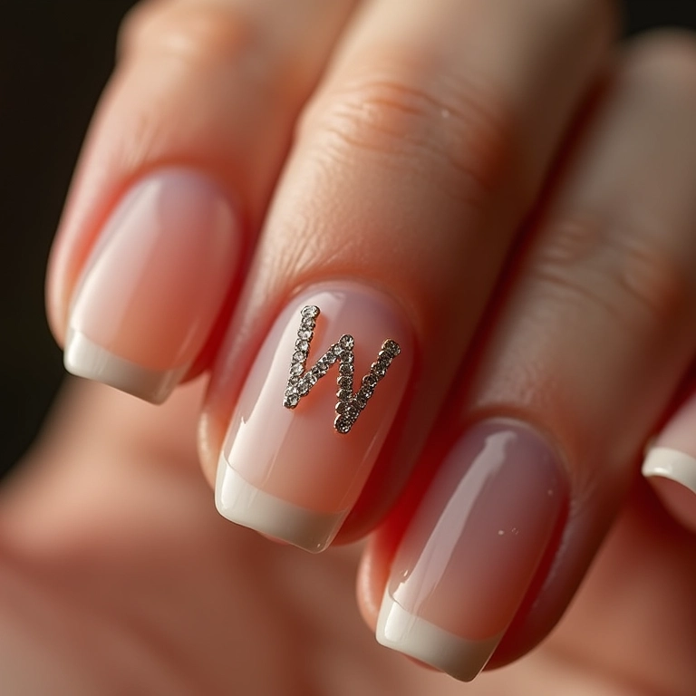 Unhas decoradas com pedrarias e a letra W.