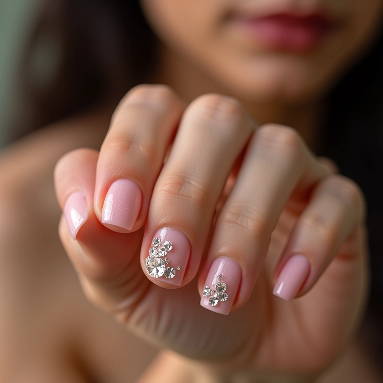Unhas decoradas com pedrarias e filha única.