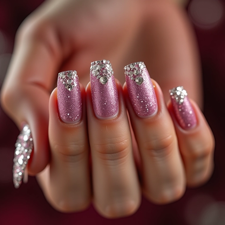 Unhas decoradas com pedrarias e glitter para um visual glamouroso.