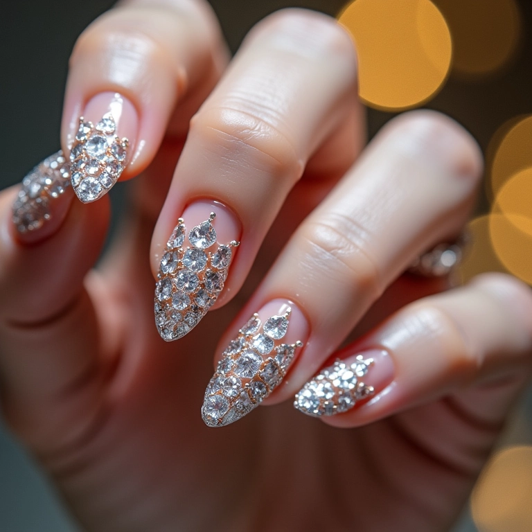 Unhas decoradas com pedrarias e strass brilhantes.