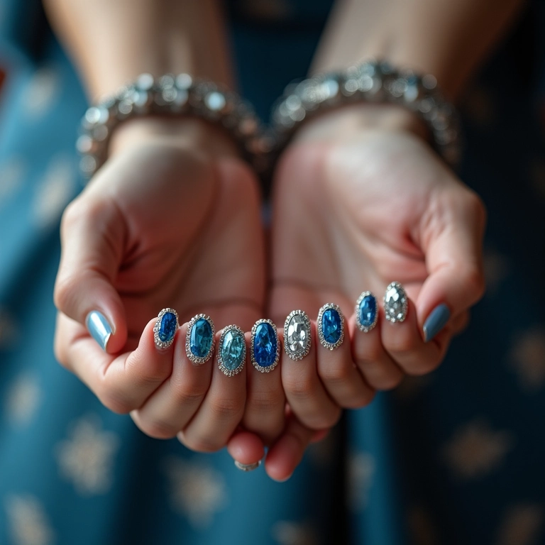 Unhas decoradas com pedrarias em azul e branco.
