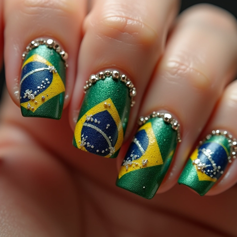 Unhas decoradas com pedrarias nas cores do Brasil.