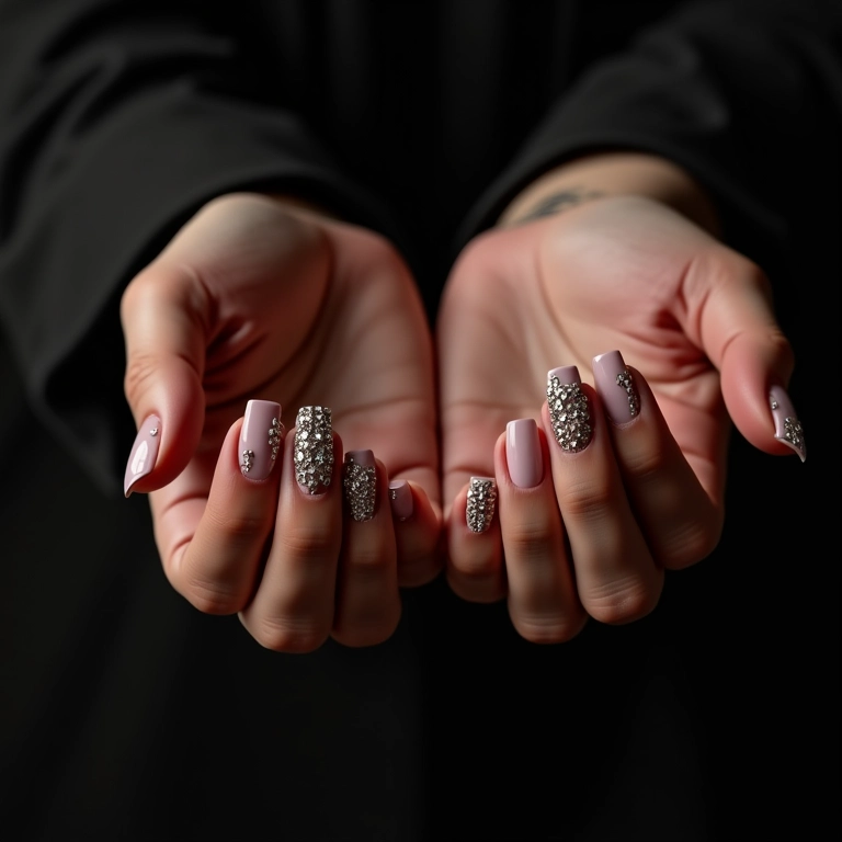 Unhas decoradas com pedras e strass para um toque de brilho e elegância.