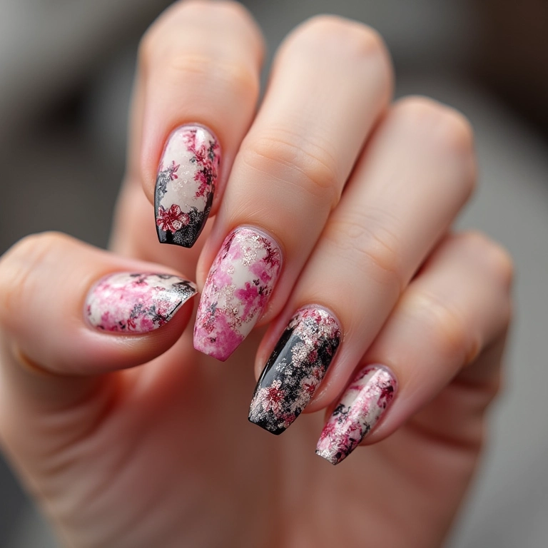 Unhas decoradas com películas de bonequinhas.