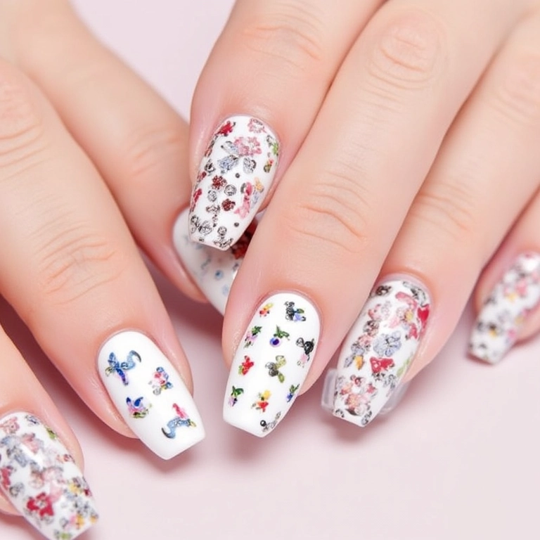 Unhas decoradas com películas de fácil aplicação e diversos designs.