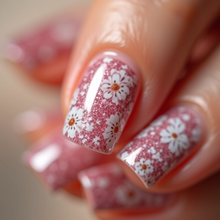 Unhas decoradas com películas delicadas.