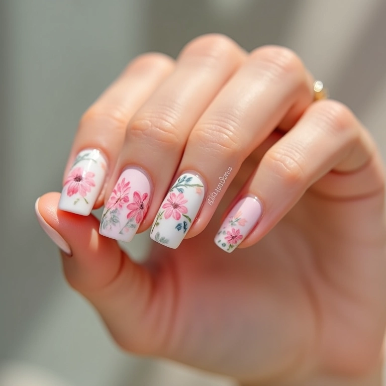 Unhas decoradas com pequenas flores delicadas em tons pastel.