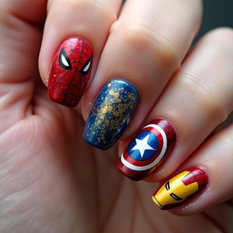 Unhas decoradas com personagens da Marvel: Homem-Aranha e Homem de Ferro.