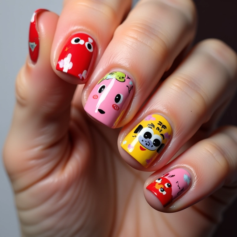 Unhas decoradas com personagens favoritos, alegria garantida.