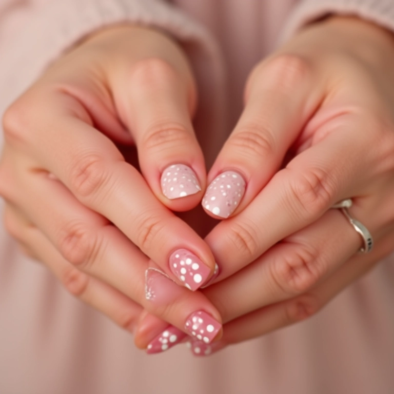 Unhas decoradas com poá delicado.