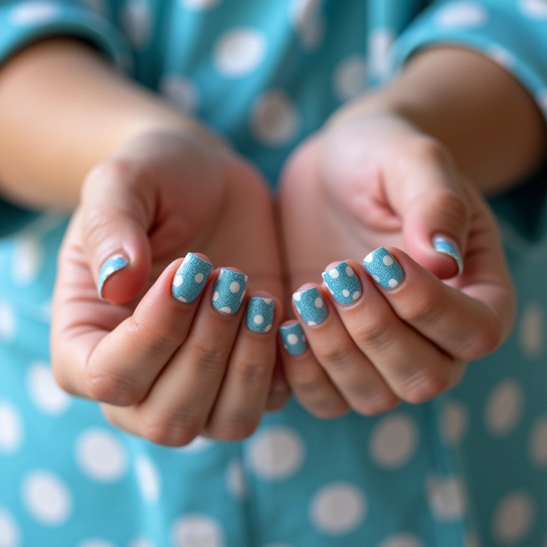 Unhas decoradas com poá em azul e branco.