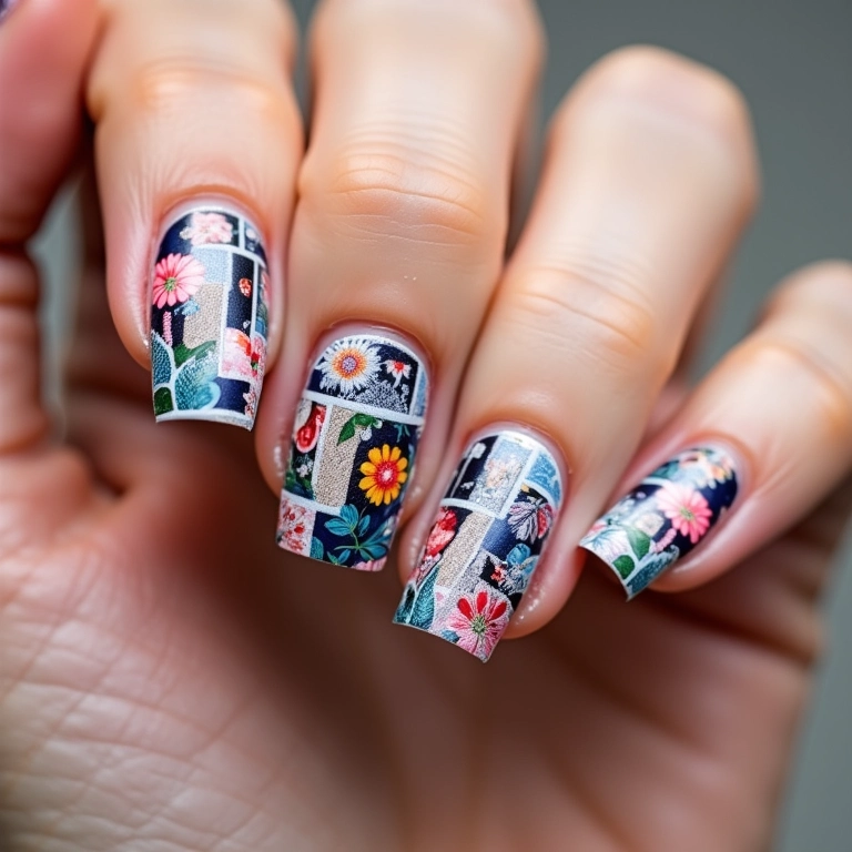 Unhas decoradas com recortes de revistas.