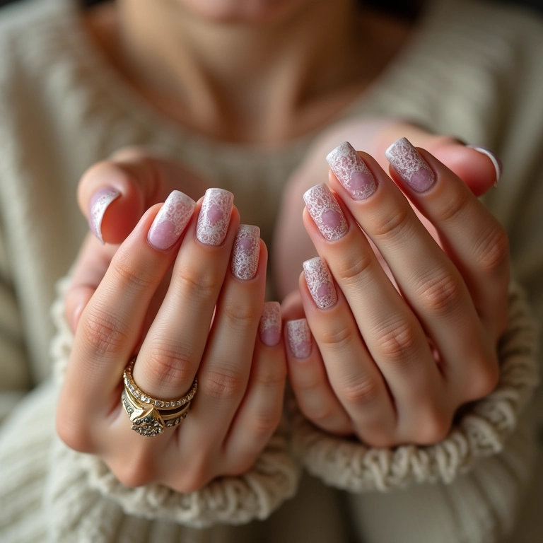 Unhas decoradas com renda, padrão delicado e elegante.