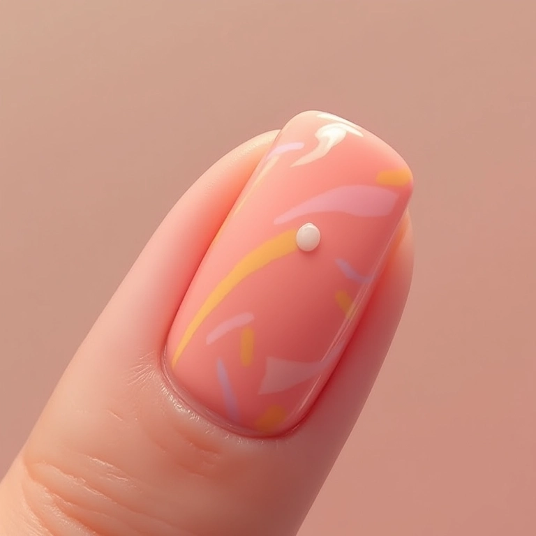 Unhas decoradas com riscos abstratos em tons pastel.