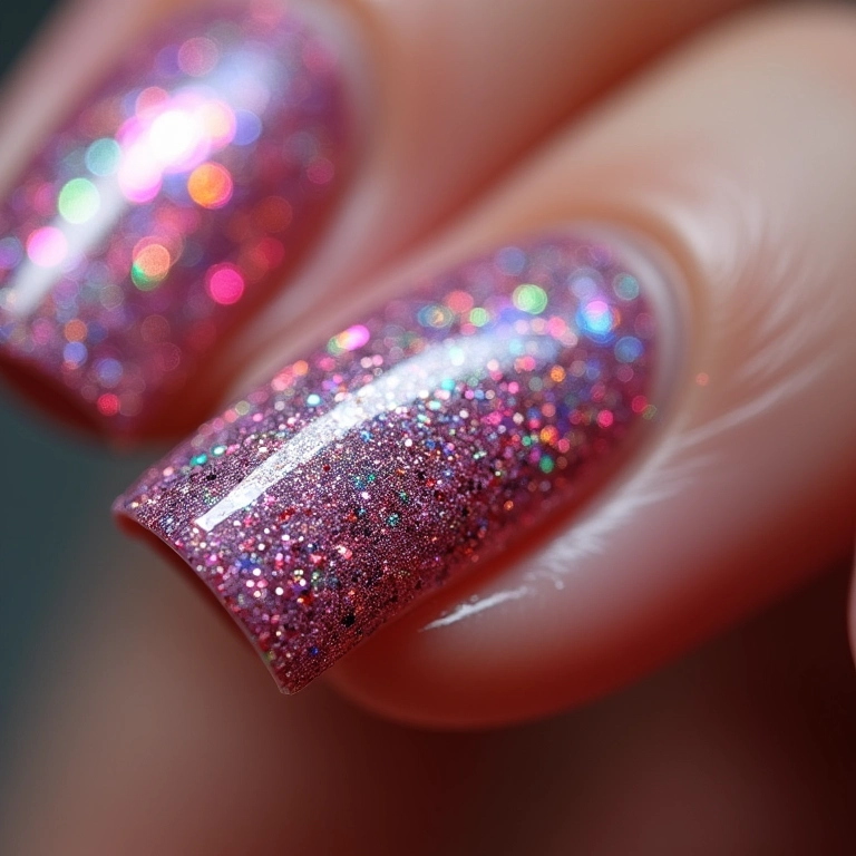 Unhas decoradas com riscos e glitter brilhante.