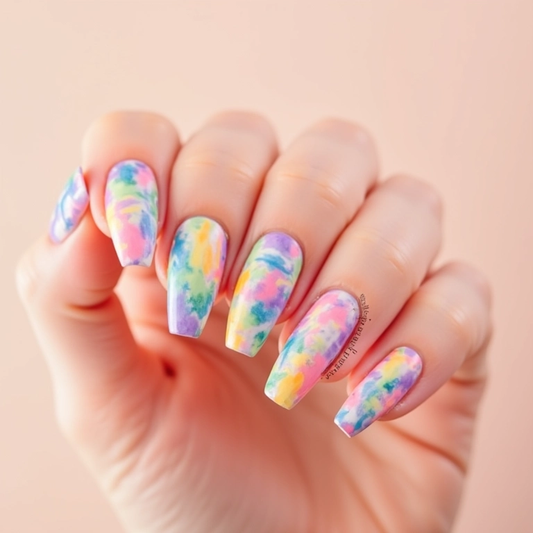 Unhas decoradas com riscos e traços coloridos.