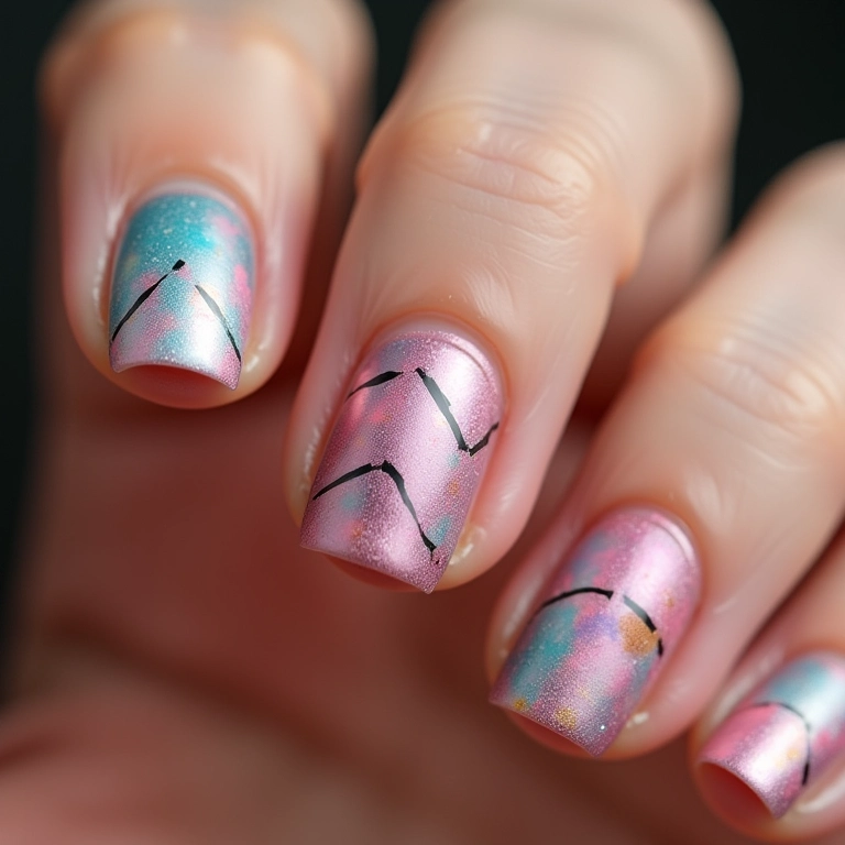 Unhas decoradas com riscos geométricos coloridos.