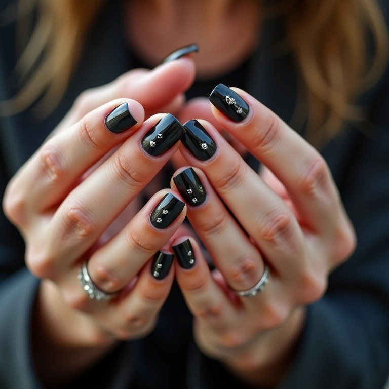 Unhas decoradas com tachinhas em estilo rock moderno.